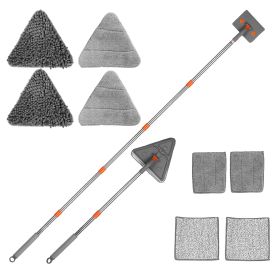 1Set 2 In 1 Baseboard Cleaner Mop Wall Cleaner Mop With Squeegee Extendable Long Handle 8 Reusable Fiber Flannel Chenille Mop Pads 360 Rotatable Conve