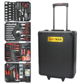 Black Manual Toolbox With 4 Layers Of Tool Sets And Wheels (Color: Black)
