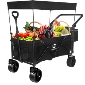 Collapsible Wagon 140L Wagons Carts Foldable With Removable Canopy, Folding Wagon Cart With Wheels For All-Terrain With Brake, Foldable Wagon With Coo (Color: Black)