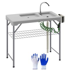Folding Fish Cleaning Table With Sinks, Portable Camping Sink Table With Faucet, Drainage Hose, Sprayer, Shelf, Drawer And Storage Basket, Outdoor Fil (Option: Gray)
