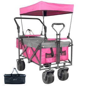 Collapsible Wagon 140L Wagons Carts Foldable With Removable Canopy, Folding Wagon Cart With Wheels For All-Terrain With Brake, Foldable Wagon With Coo (Color: Pink)