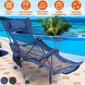 Foldable Camping Chair Collapsible Reclining Chair 330LBS Load Heavy Duty Steel Lawn Chair With Reclining Backrest Angle Cup Holder Pillow Side Pocket (Color: Blue)